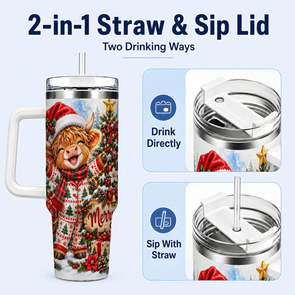 #pl[40oz|White] Highland Cow 40oz Tumbler with Handle, Christmas Stainless Steel Cup