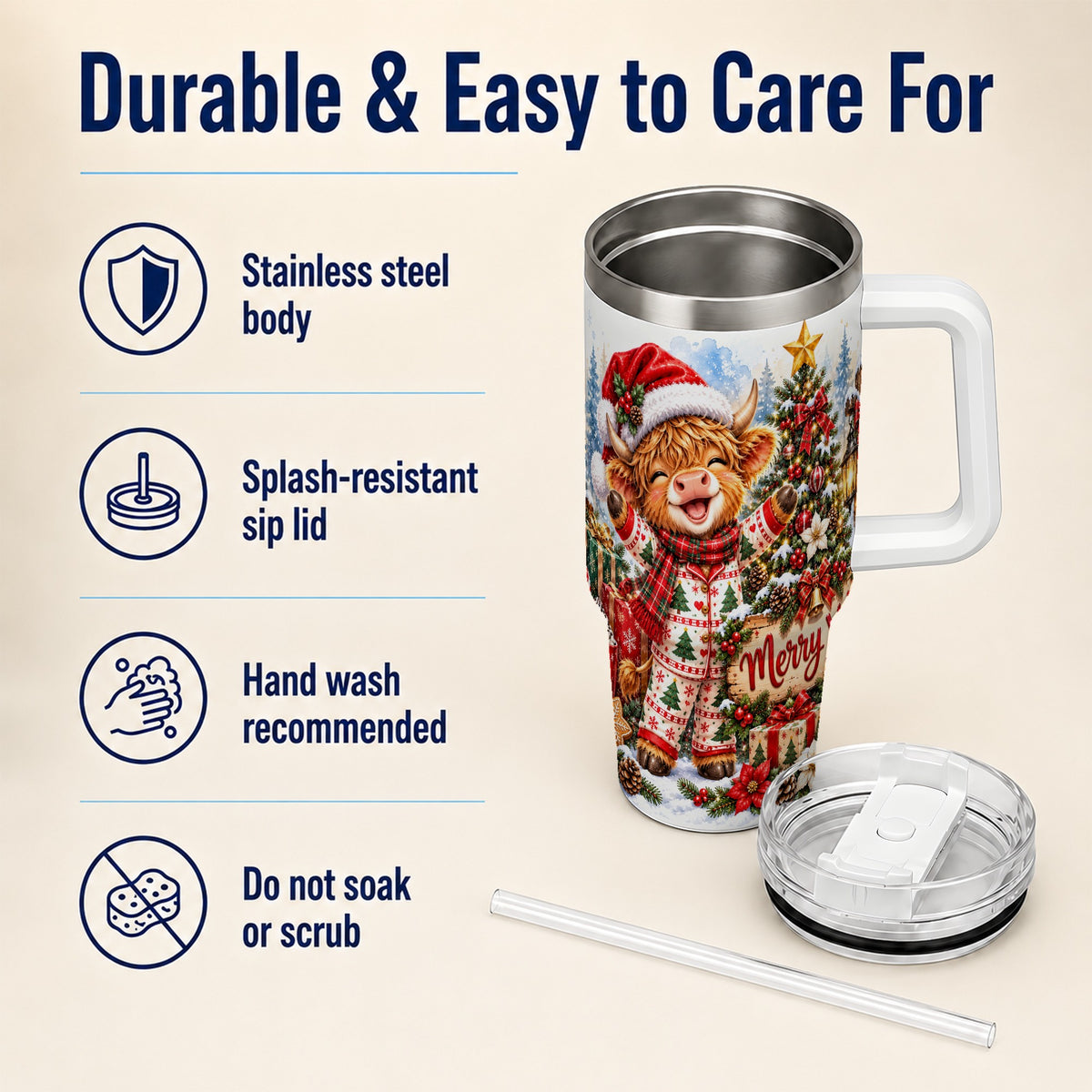 Highland Cow 40oz Tumbler with Handle, Christmas Stainless Steel Cup