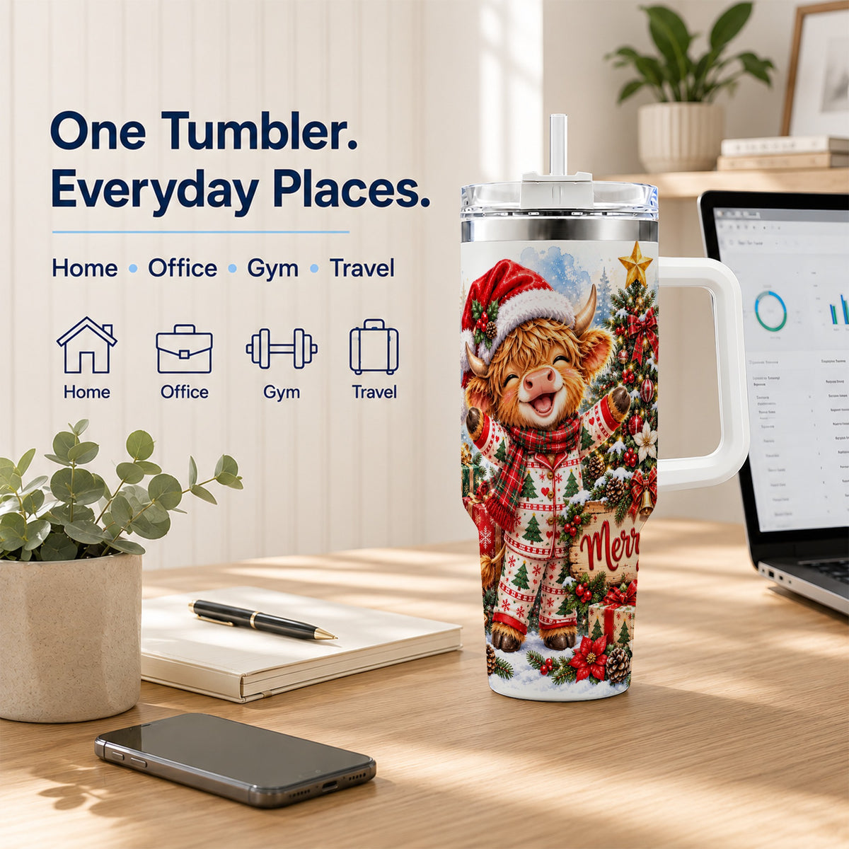 Highland Cow 40oz Tumbler with Handle, Christmas Stainless Steel Cup