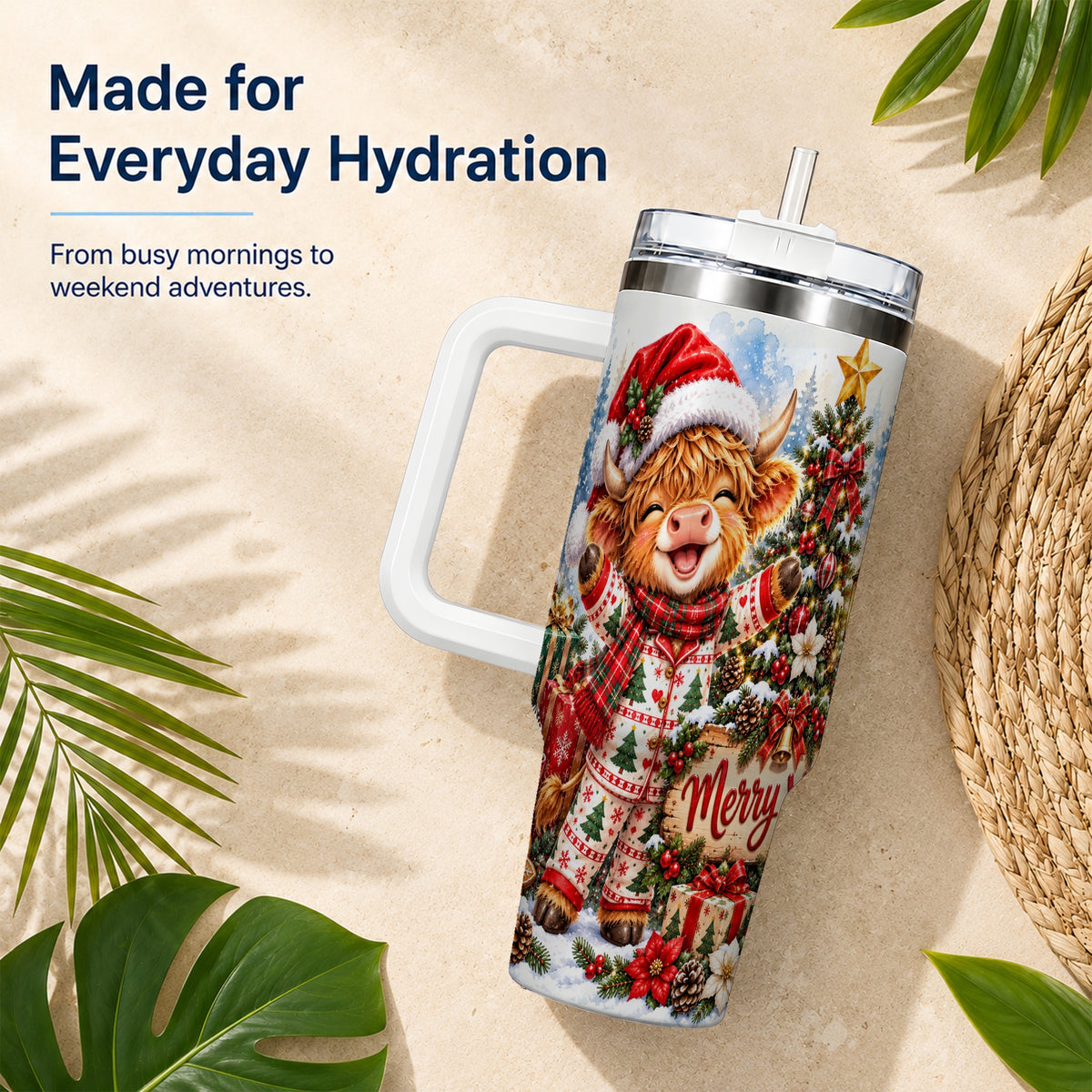 Highland Cow 40oz Tumbler with Handle, Christmas Stainless Steel Cup