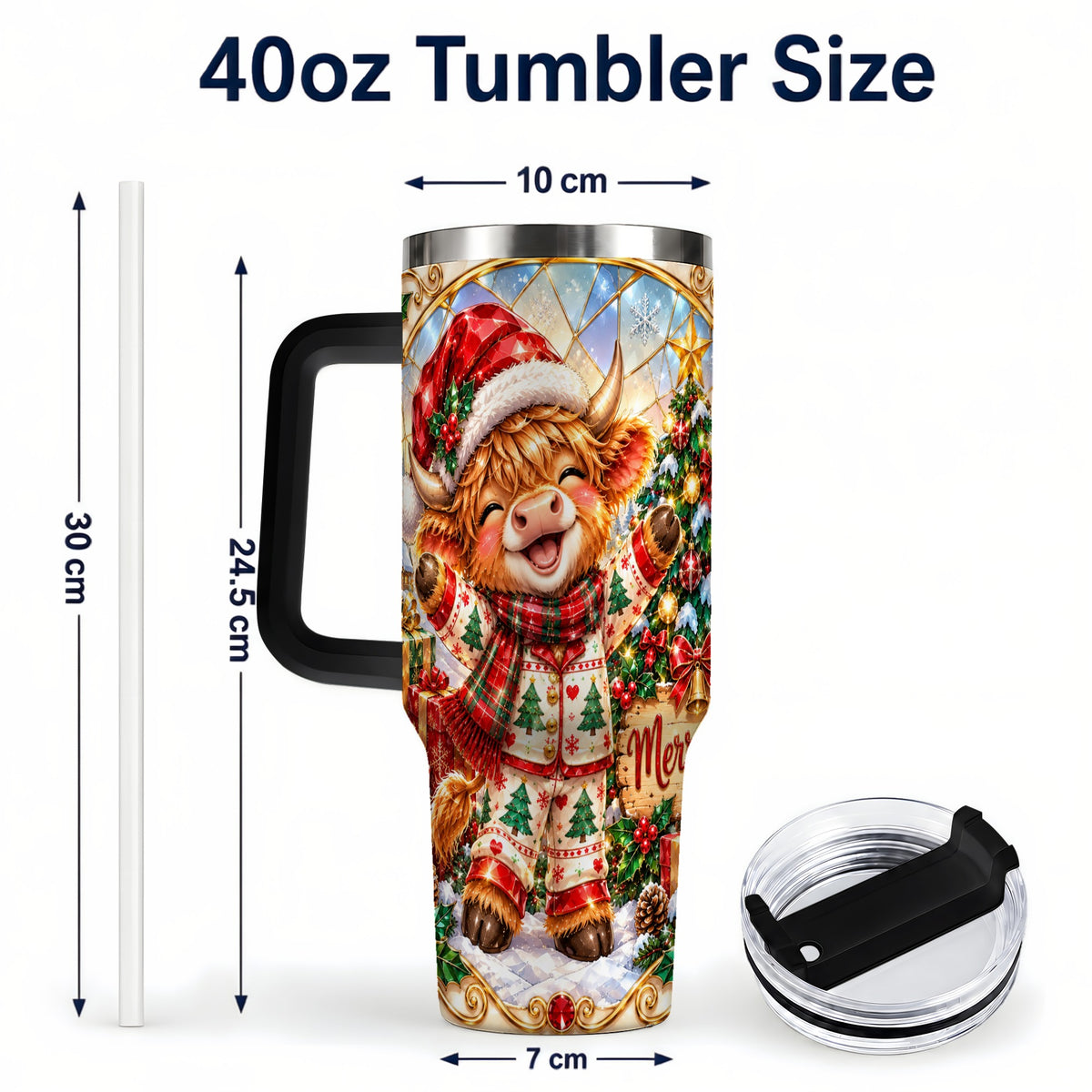 #pl[40oz|Black] Highland Cow 40oz Tumbler with Handle, Holiday Stainless Steel Cup