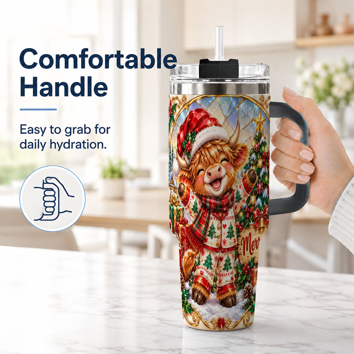 #pl[40oz|Black] Highland Cow 40oz Tumbler with Handle, Holiday Stainless Steel Cup
