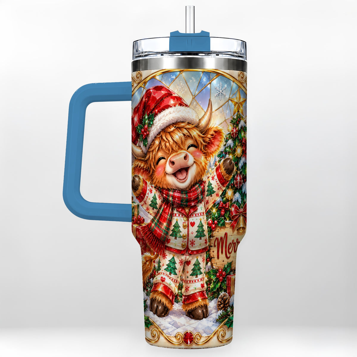 #pl[40oz|Blue] Highland Cow 40oz Tumbler with Handle, Holiday Stainless Steel Cup
