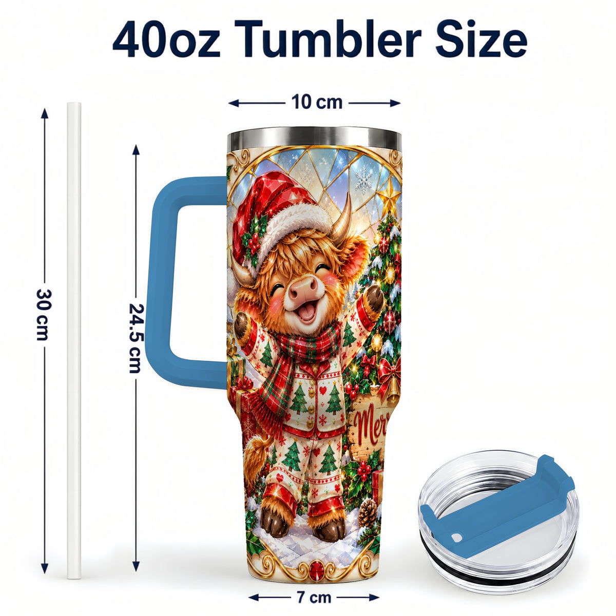 #pl[40oz|Blue] Highland Cow 40oz Tumbler with Handle, Holiday Stainless Steel Cup