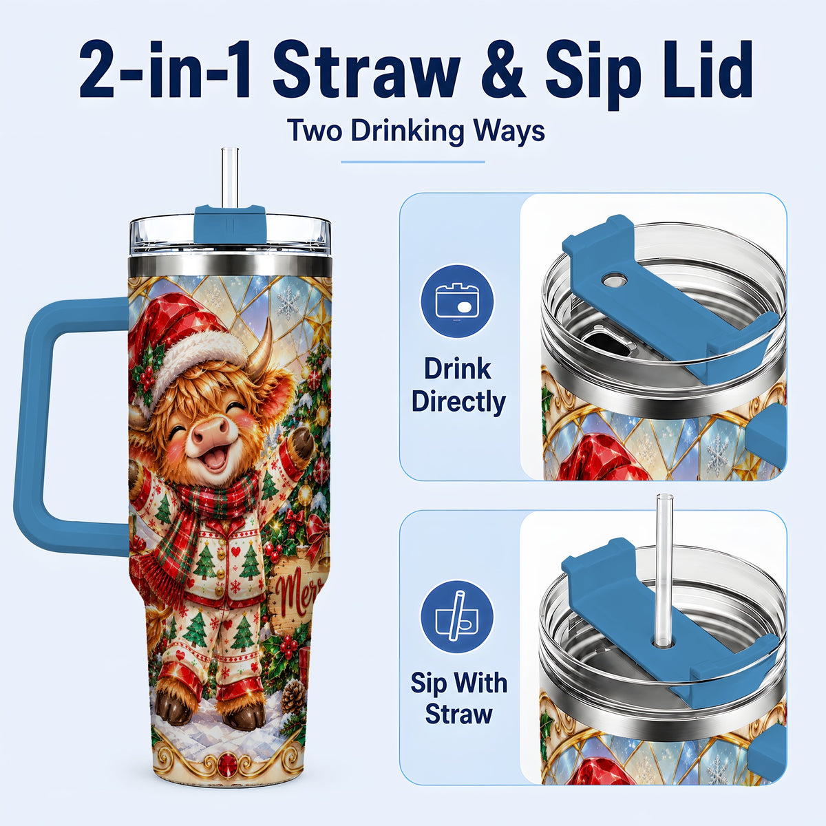 #pl[40oz|Blue] Highland Cow 40oz Tumbler with Handle, Holiday Stainless Steel Cup