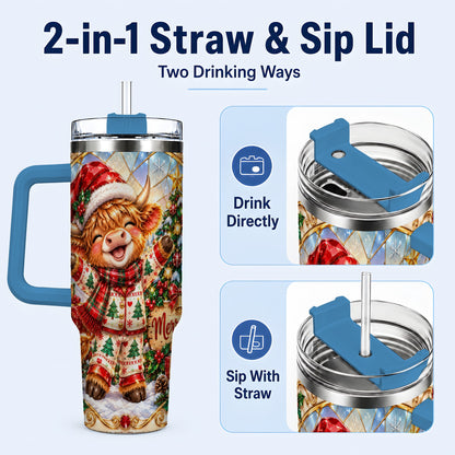 #pl[40oz|Blue] Highland Cow 40oz Tumbler with Handle, Holiday Stainless Steel Cup