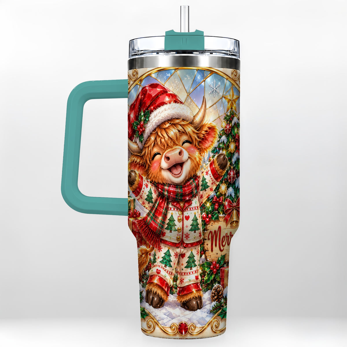 #pl[40oz|Green] Highland Cow 40oz Tumbler with Handle, Holiday Stainless Steel Cup