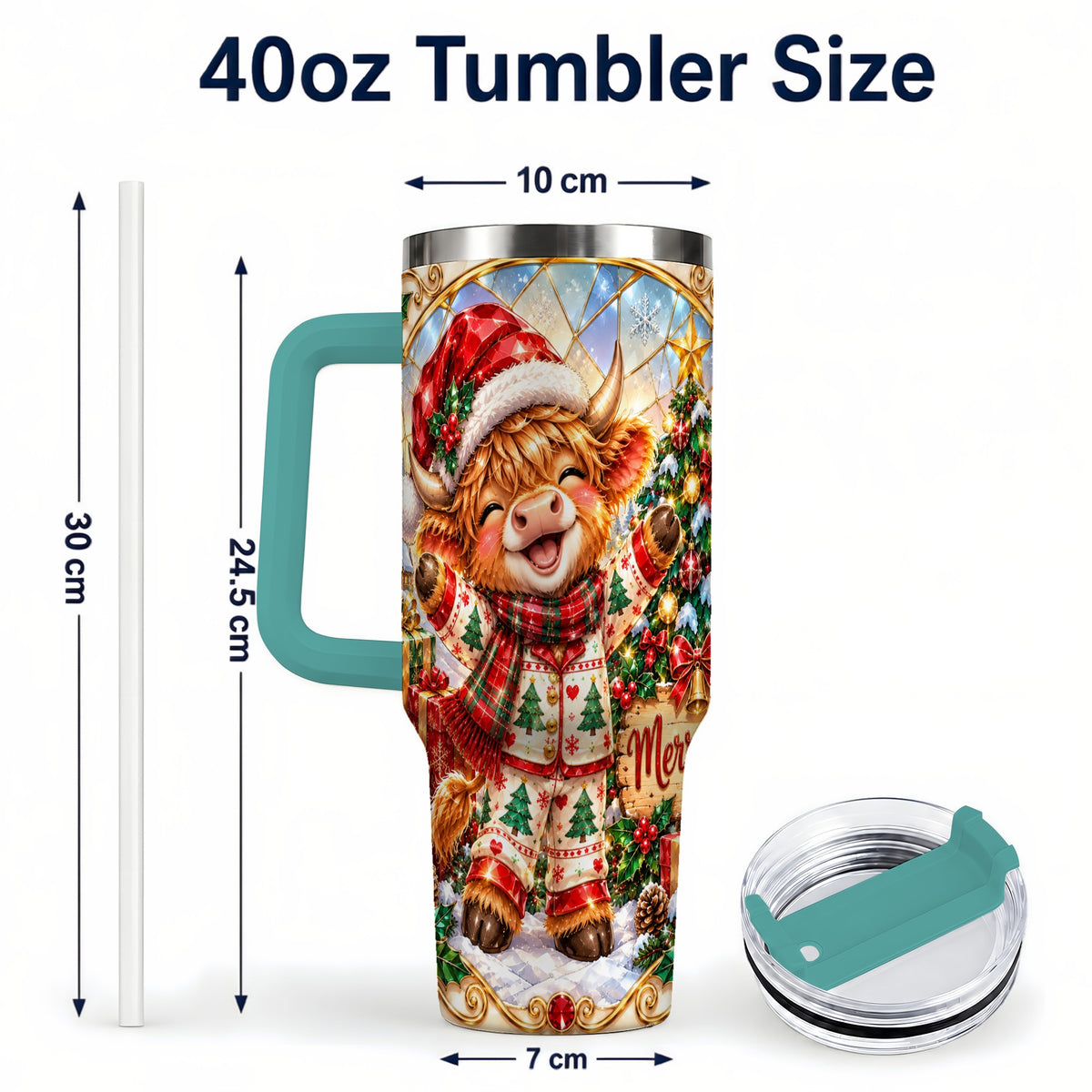 #pl[40oz|Green] Highland Cow 40oz Tumbler with Handle, Holiday Stainless Steel Cup