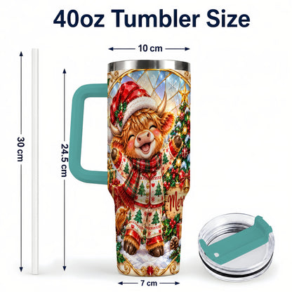 #pl[40oz|Green] Highland Cow 40oz Tumbler with Handle, Holiday Stainless Steel Cup