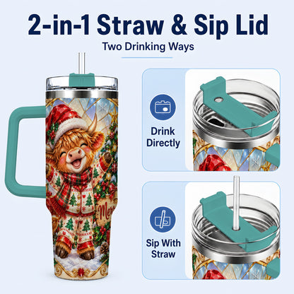#pl[40oz|Green] Highland Cow 40oz Tumbler with Handle, Holiday Stainless Steel Cup