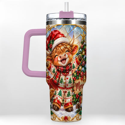 #pl[40oz|Pink] Highland Cow 40oz Tumbler with Handle, Holiday Stainless Steel Cup