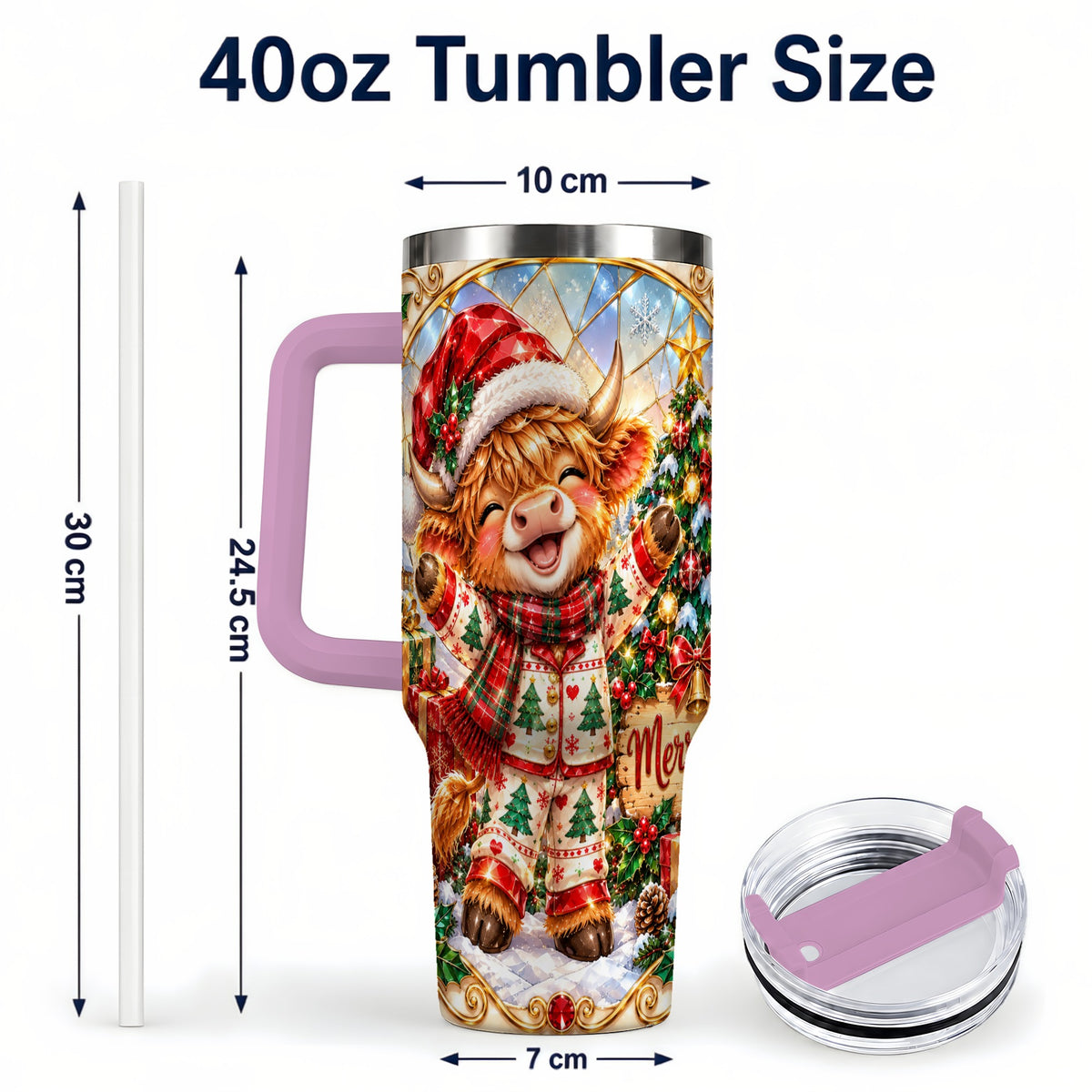 #pl[40oz|Pink] Highland Cow 40oz Tumbler with Handle, Holiday Stainless Steel Cup