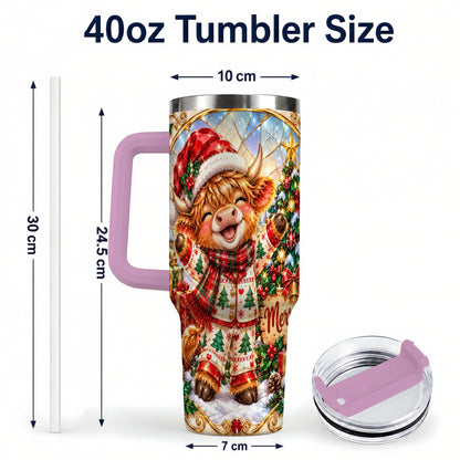 #pl[40oz|Pink] Highland Cow 40oz Tumbler with Handle, Holiday Stainless Steel Cup