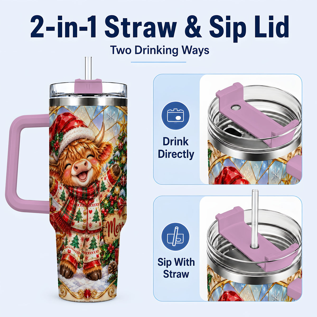 #pl[40oz|Pink] Highland Cow 40oz Tumbler with Handle, Holiday Stainless Steel Cup