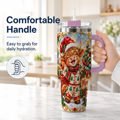 #pl[40oz|Pink] Highland Cow 40oz Tumbler with Handle, Holiday Stainless Steel Cup