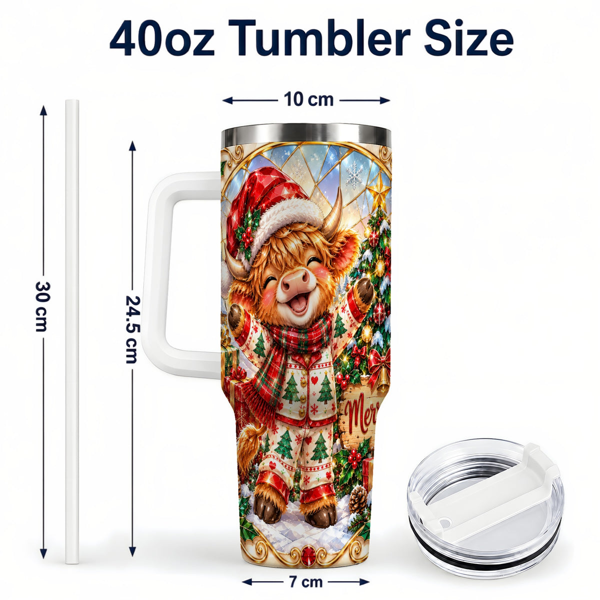 #pl[40oz|White] Highland Cow 40oz Tumbler with Handle, Holiday Stainless Steel Cup
