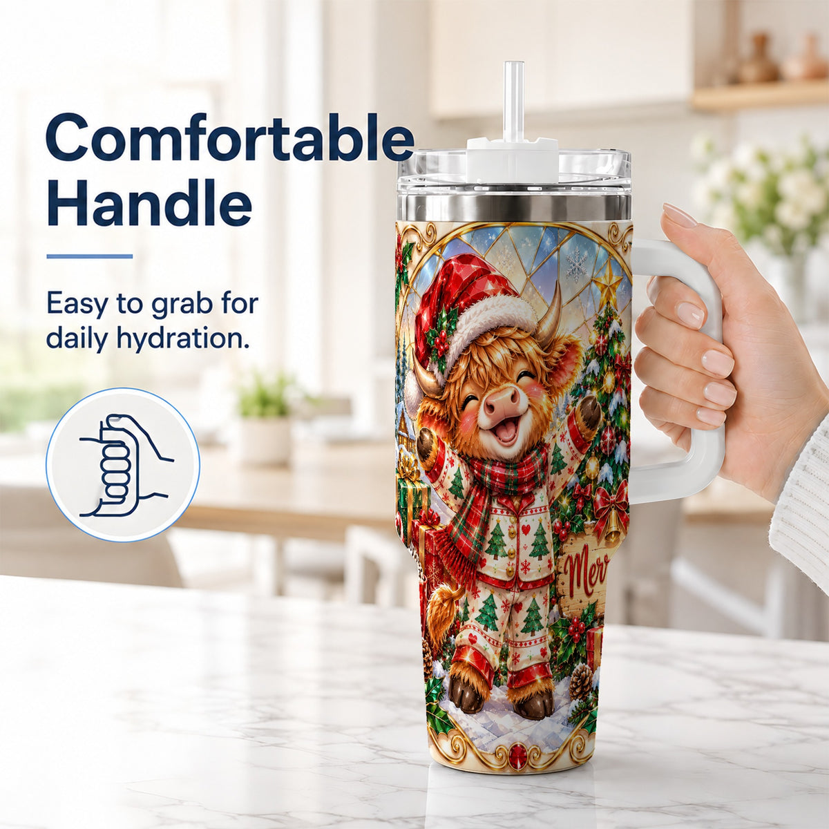 #pl[40oz|White] Highland Cow 40oz Tumbler with Handle, Holiday Stainless Steel Cup