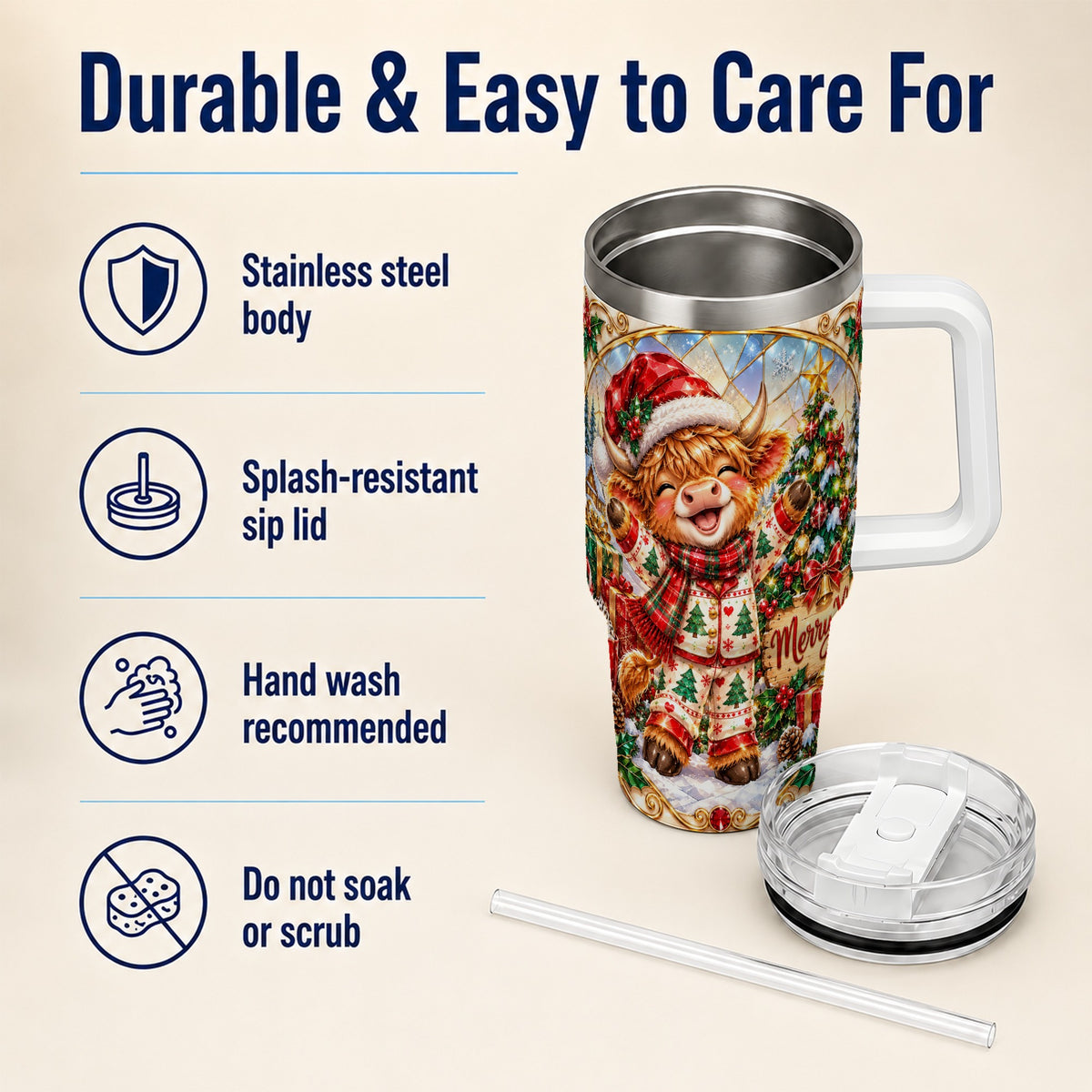 Highland Cow 40oz Tumbler with Handle, Holiday Stainless Steel Cup