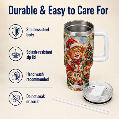 Highland Cow 40oz Tumbler with Handle, Holiday Stainless Steel Cup