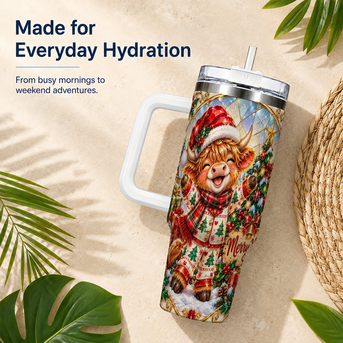 Highland Cow 40oz Tumbler with Handle, Holiday Stainless Steel Cup