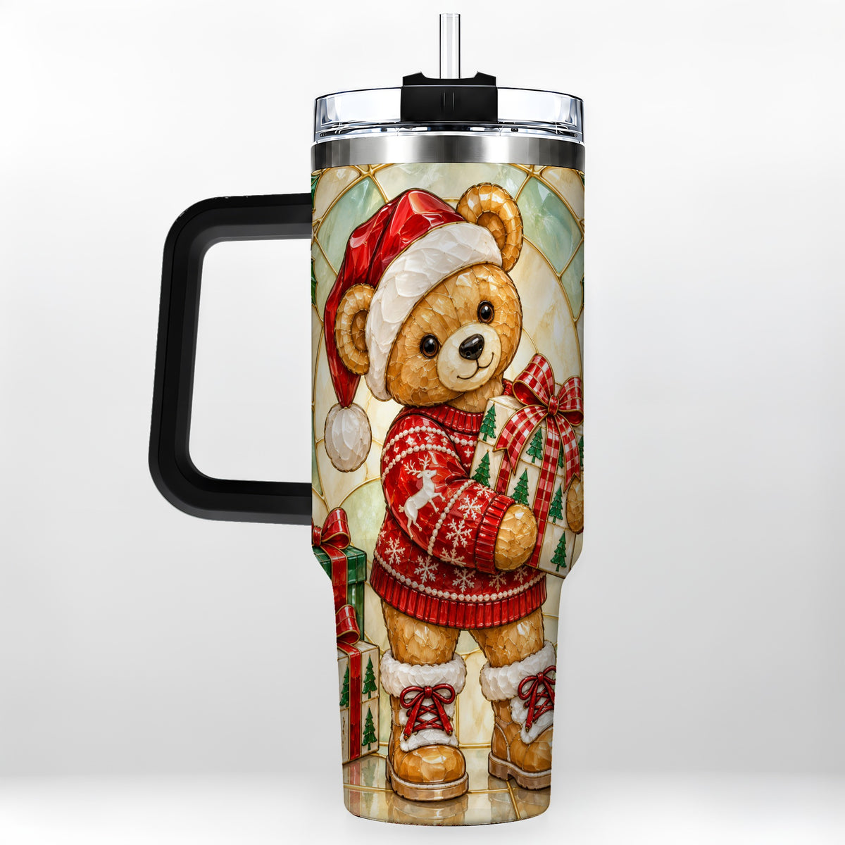 #pl[40oz|Black] Christmas Teddy Bear 40oz Tumbler with Handle, Stainless Steel Cup