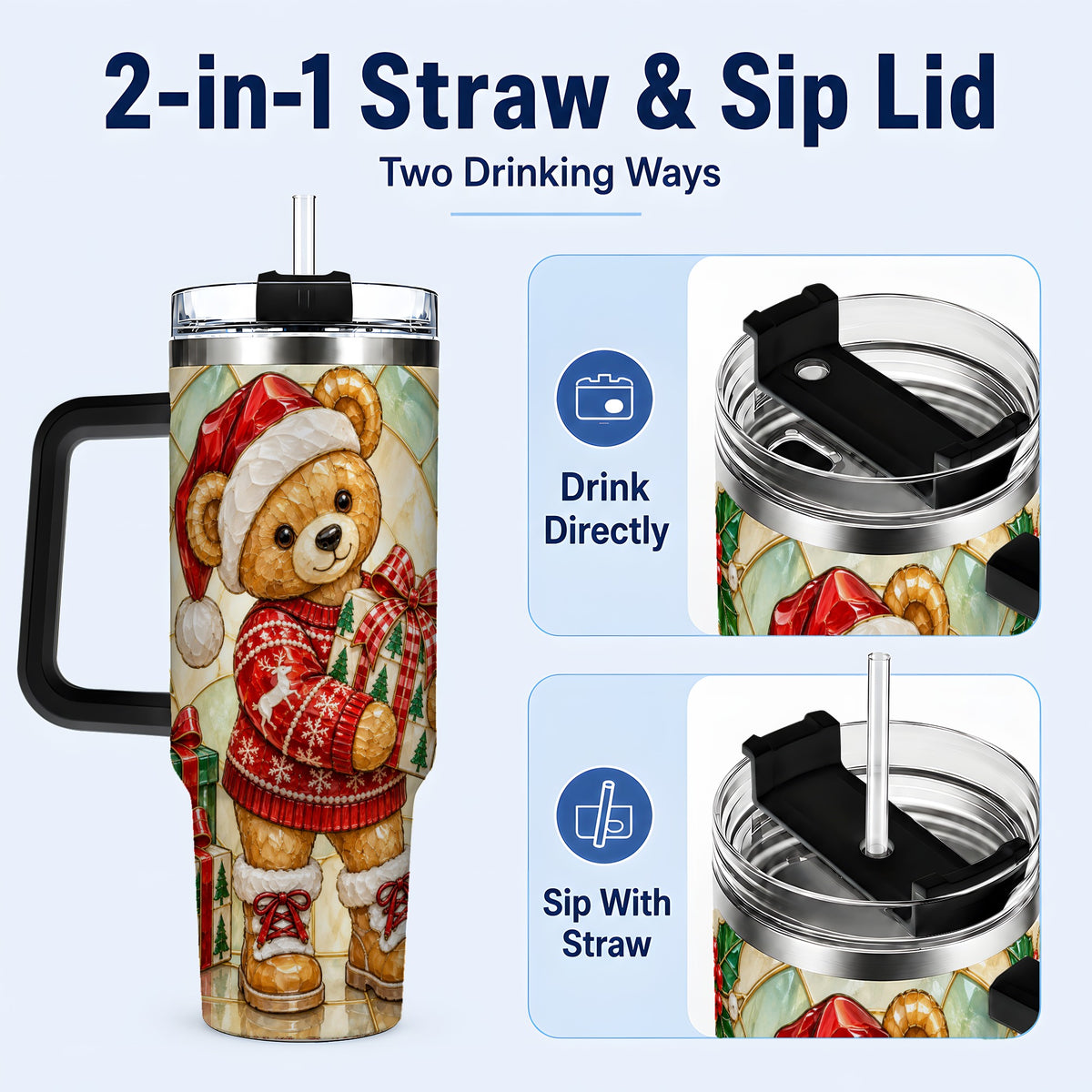 #pl[40oz|Black] Christmas Teddy Bear 40oz Tumbler with Handle, Stainless Steel Cup