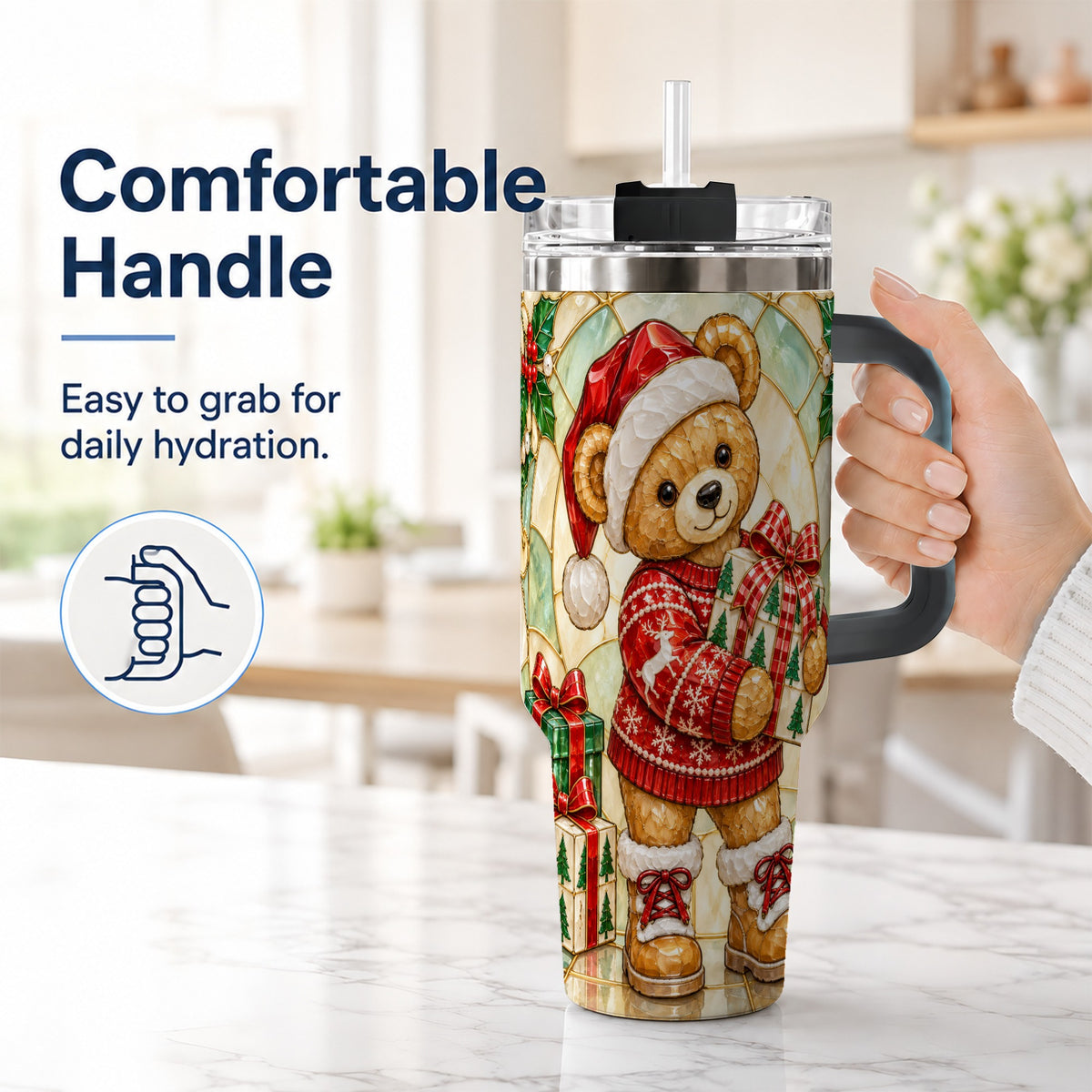#pl[40oz|Black] Christmas Teddy Bear 40oz Tumbler with Handle, Stainless Steel Cup