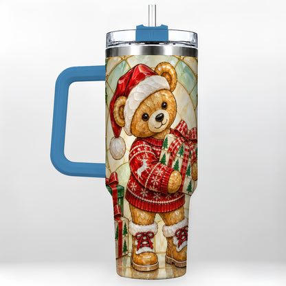 #pl[40oz|Blue] Christmas Teddy Bear 40oz Tumbler with Handle, Stainless Steel Cup
