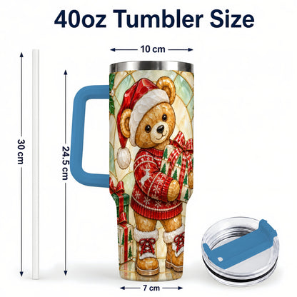 #pl[40oz|Blue] Christmas Teddy Bear 40oz Tumbler with Handle, Stainless Steel Cup
