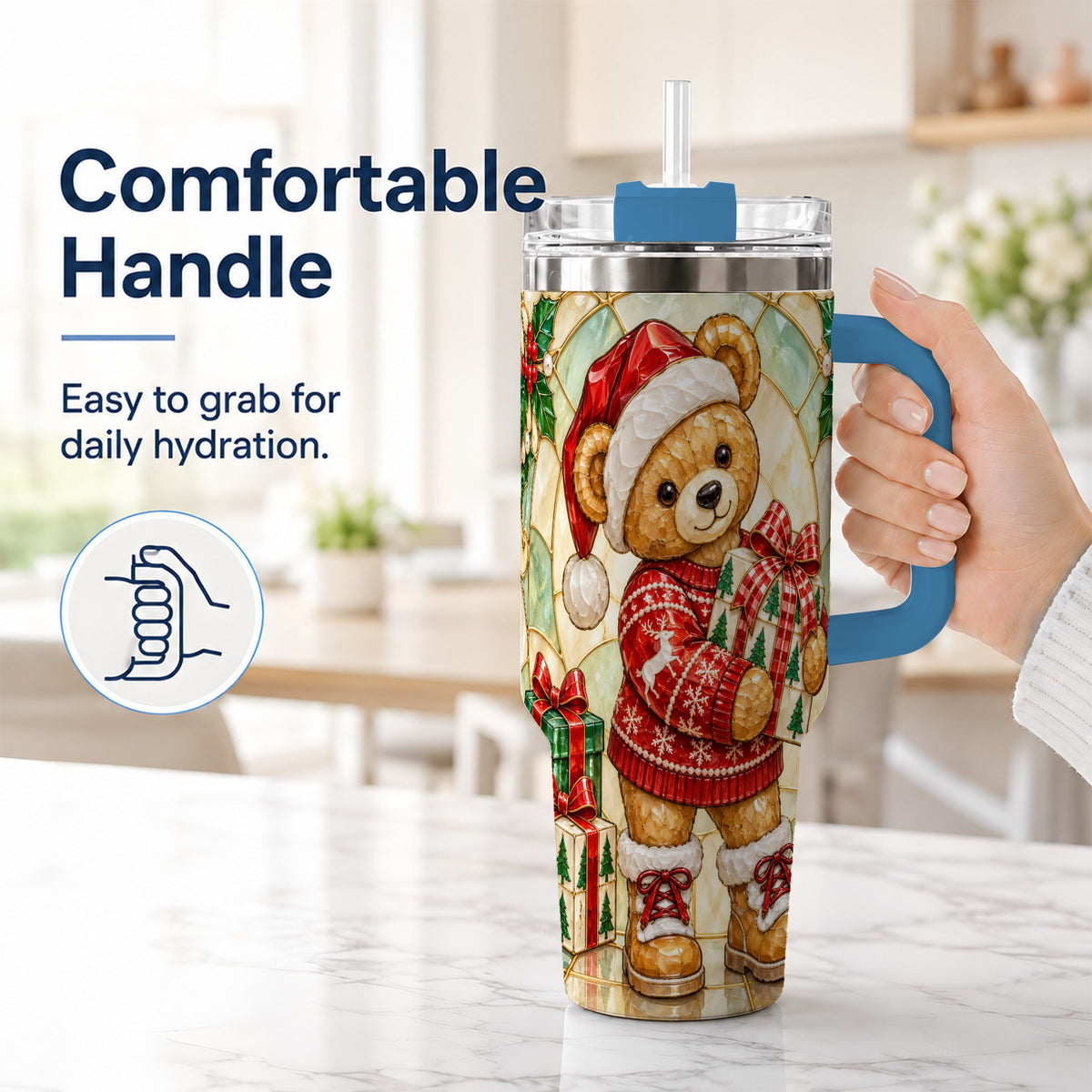 #pl[40oz|Blue] Christmas Teddy Bear 40oz Tumbler with Handle, Stainless Steel Cup