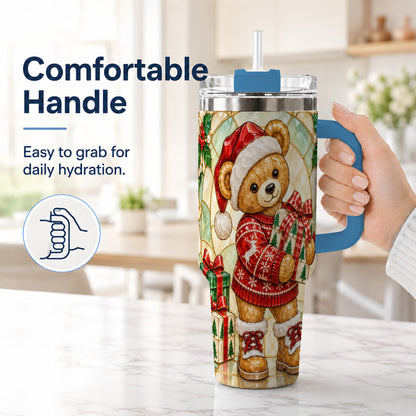 #pl[40oz|Blue] Christmas Teddy Bear 40oz Tumbler with Handle, Stainless Steel Cup