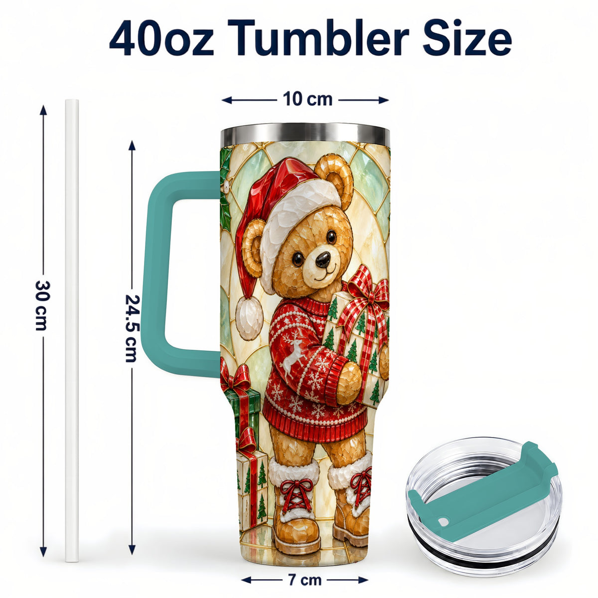 #pl[40oz|Green] Christmas Teddy Bear 40oz Tumbler with Handle, Stainless Steel Cup