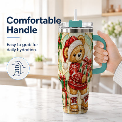 #pl[40oz|Green] Christmas Teddy Bear 40oz Tumbler with Handle, Stainless Steel Cup