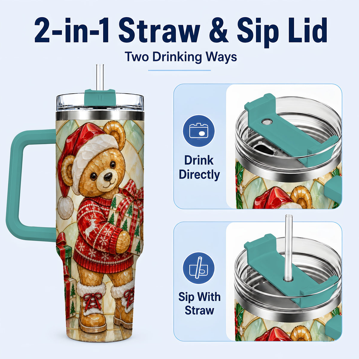 #pl[40oz|Green] Christmas Teddy Bear 40oz Tumbler with Handle, Stainless Steel Cup