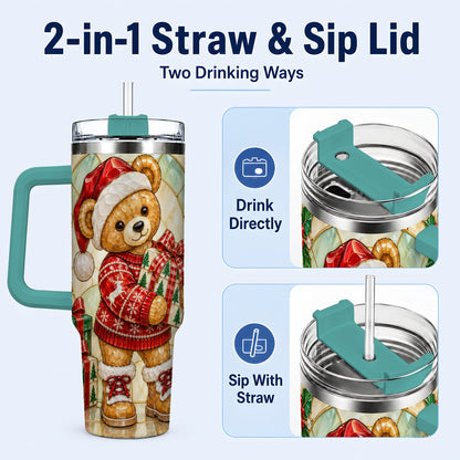 #pl[40oz|Green] Christmas Teddy Bear 40oz Tumbler with Handle, Stainless Steel Cup