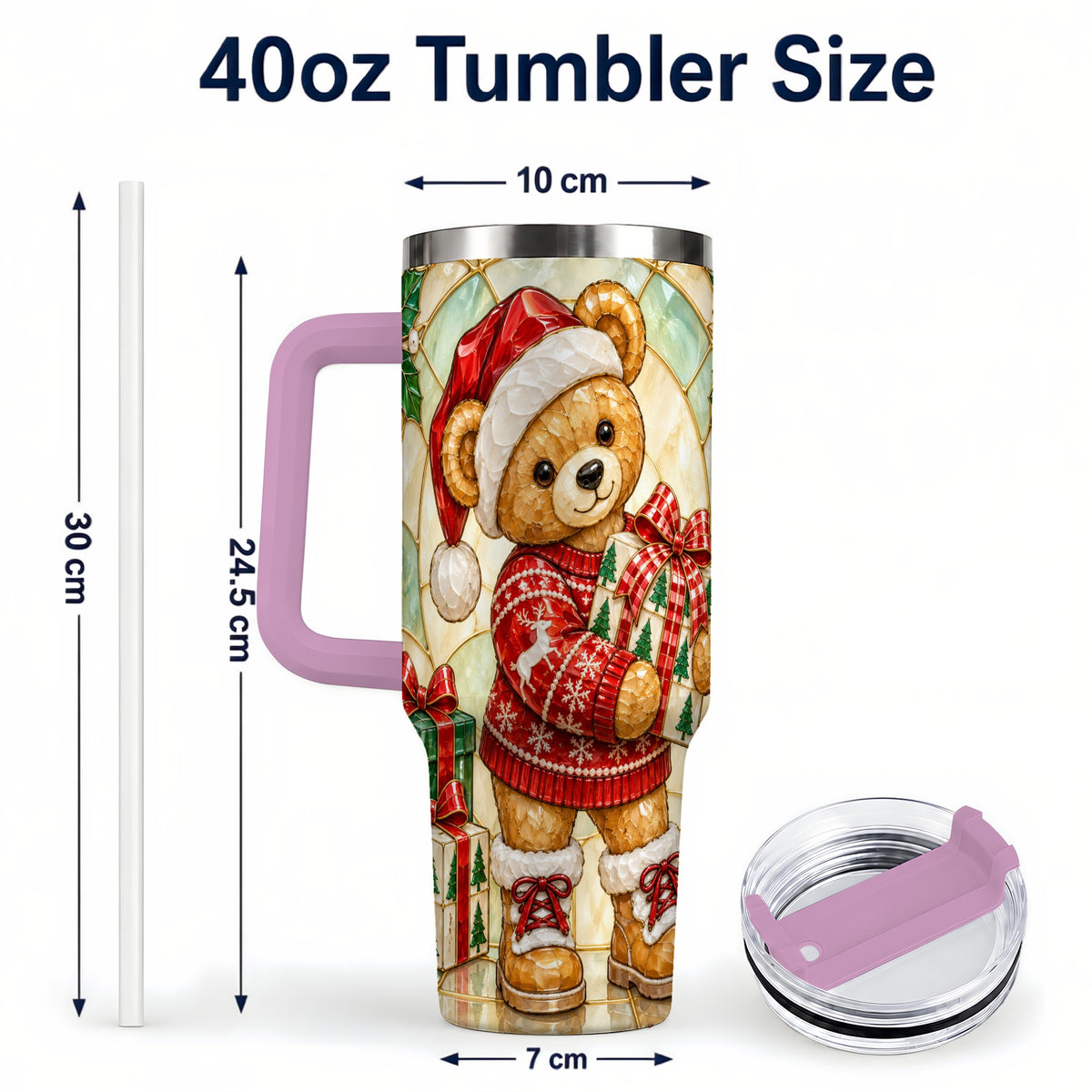 #pl[40oz|Pink] Christmas Teddy Bear 40oz Tumbler with Handle, Stainless Steel Cup