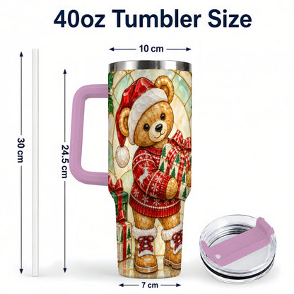 #pl[40oz|Pink] Christmas Teddy Bear 40oz Tumbler with Handle, Stainless Steel Cup