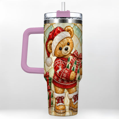 #pl[40oz|Pink] Christmas Teddy Bear 40oz Tumbler with Handle, Stainless Steel Cup