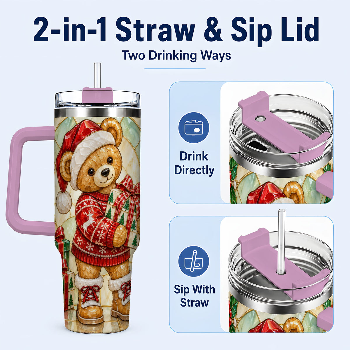 #pl[40oz|Pink] Christmas Teddy Bear 40oz Tumbler with Handle, Stainless Steel Cup