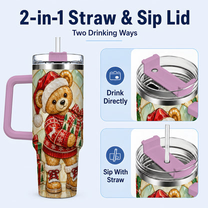 #pl[40oz|Pink] Christmas Teddy Bear 40oz Tumbler with Handle, Stainless Steel Cup