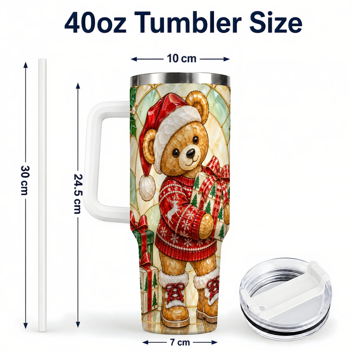 #pl[40oz|White] Christmas Teddy Bear 40oz Tumbler with Handle, Stainless Steel Cup