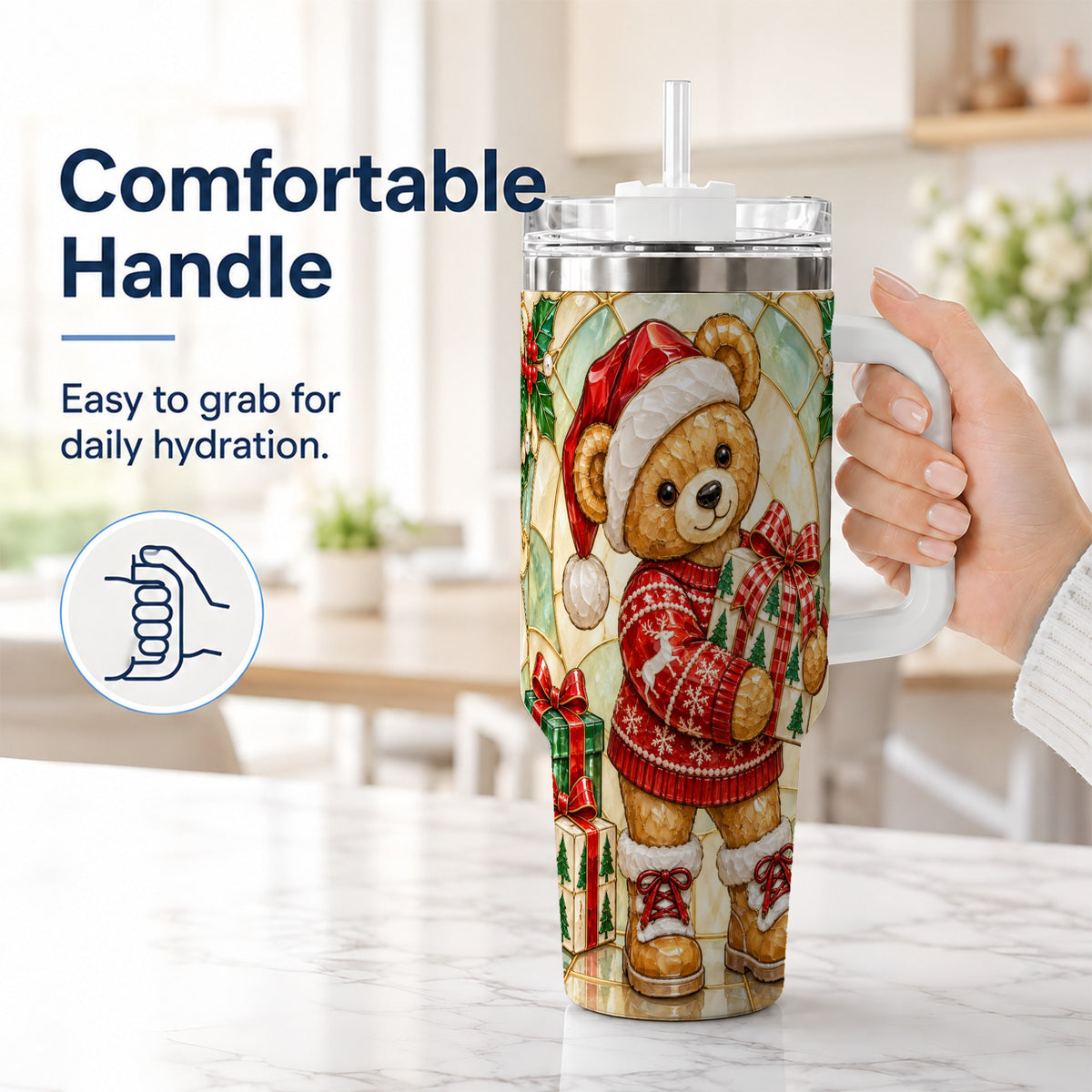 #pl[40oz|White] Christmas Teddy Bear 40oz Tumbler with Handle, Stainless Steel Cup