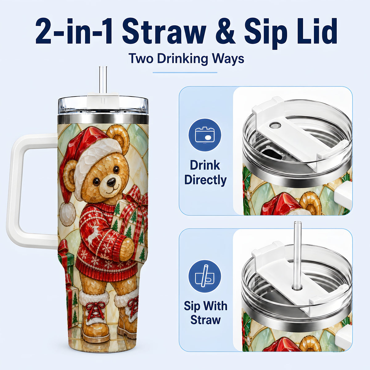 #pl[40oz|White] Christmas Teddy Bear 40oz Tumbler with Handle, Stainless Steel Cup