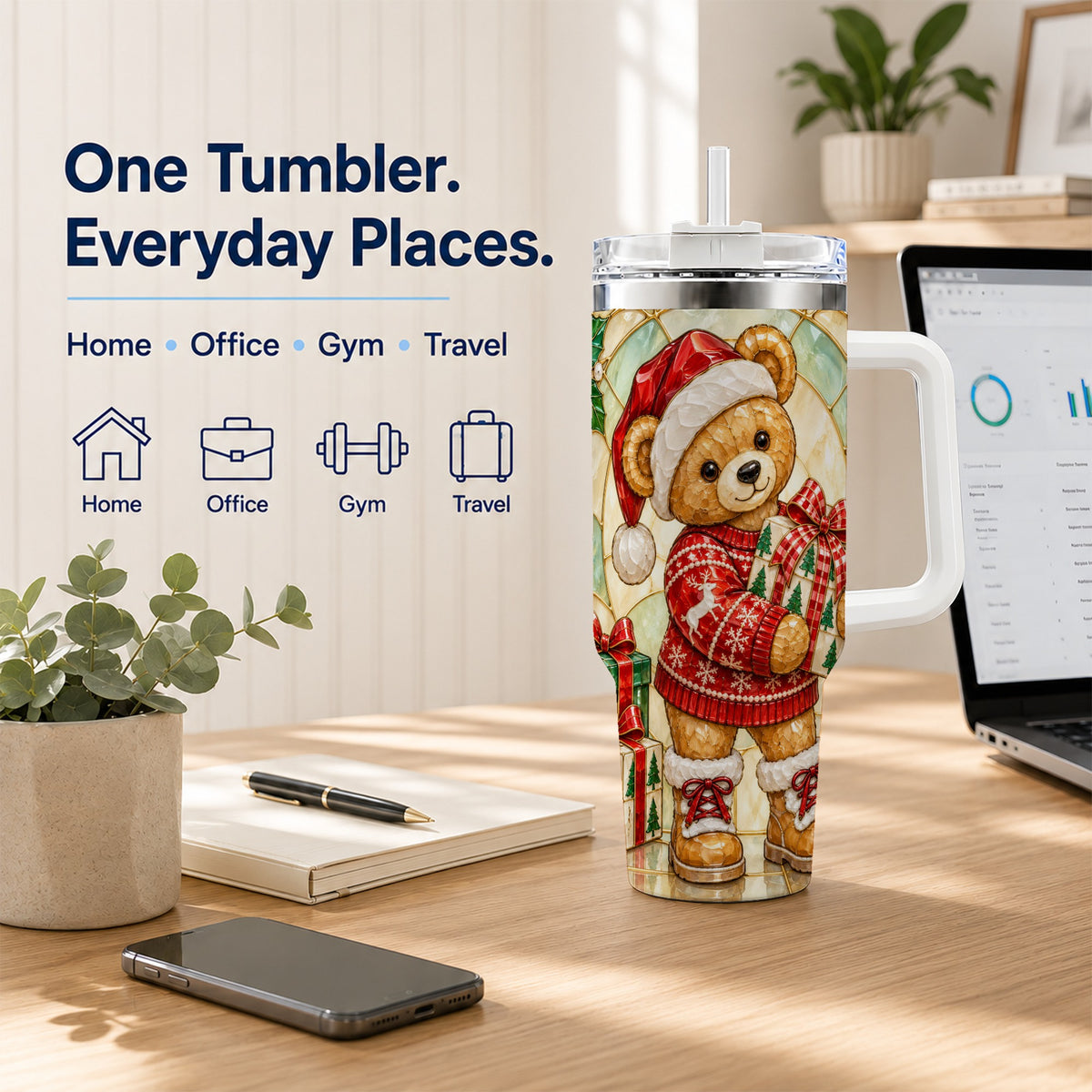 Christmas Teddy Bear 40oz Tumbler with Handle, Stainless Steel Cup