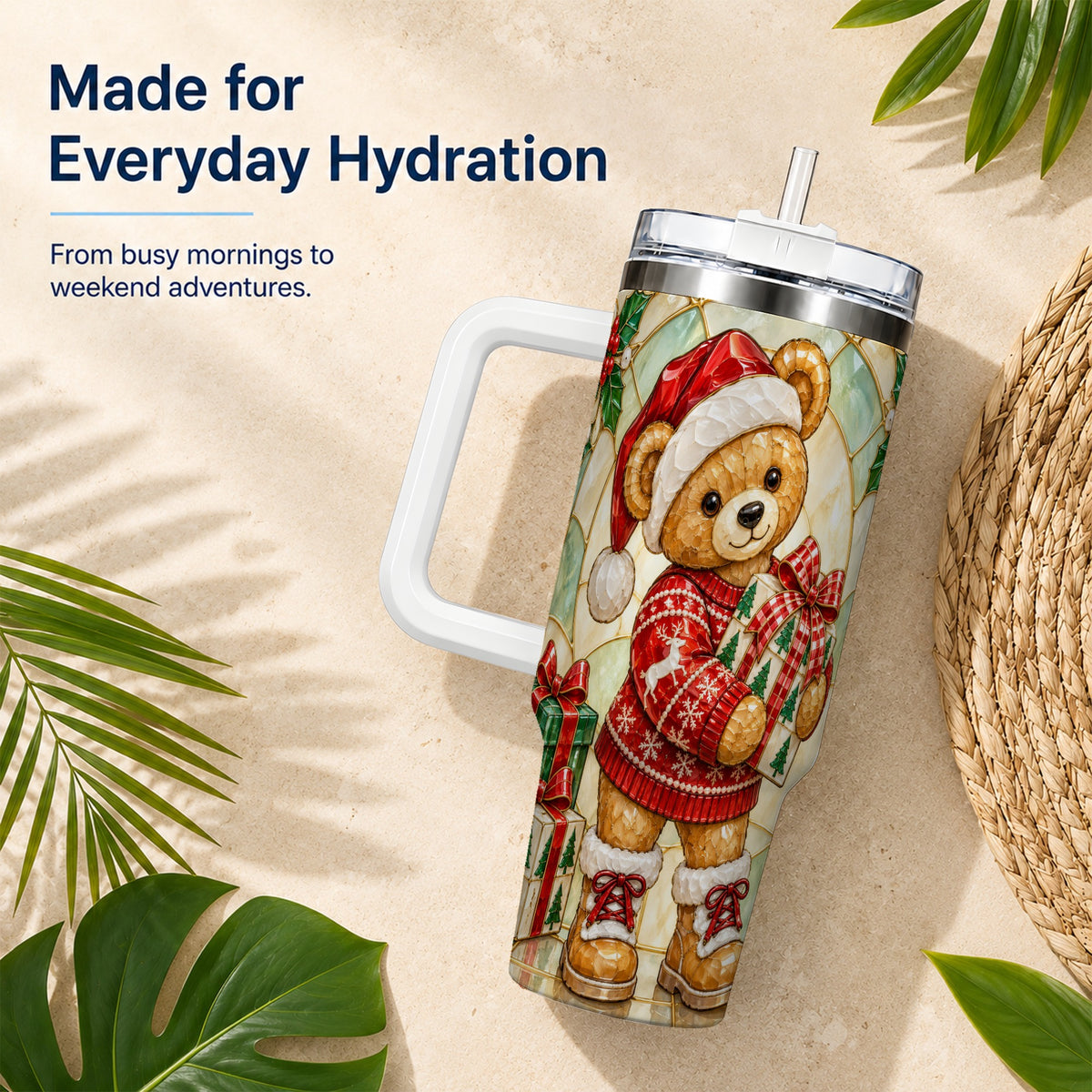 Christmas Teddy Bear 40oz Tumbler with Handle, Stainless Steel Cup
