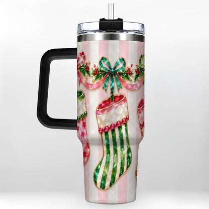 #pl[40oz|Black] Jeweled Stockings 40oz Tumbler with Handle, Christmas Travel Cup