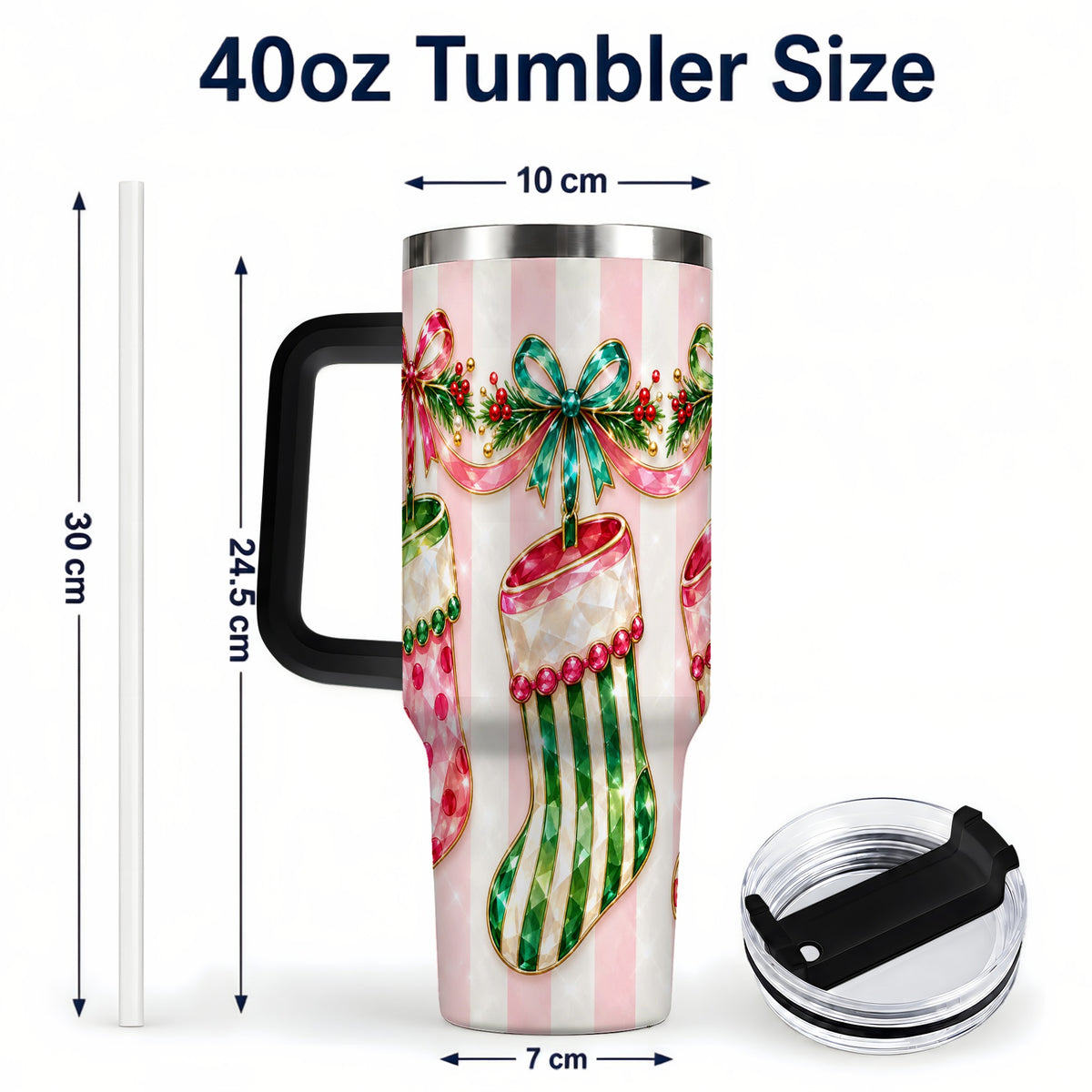 #pl[40oz|Black] Jeweled Stockings 40oz Tumbler with Handle, Christmas Travel Cup