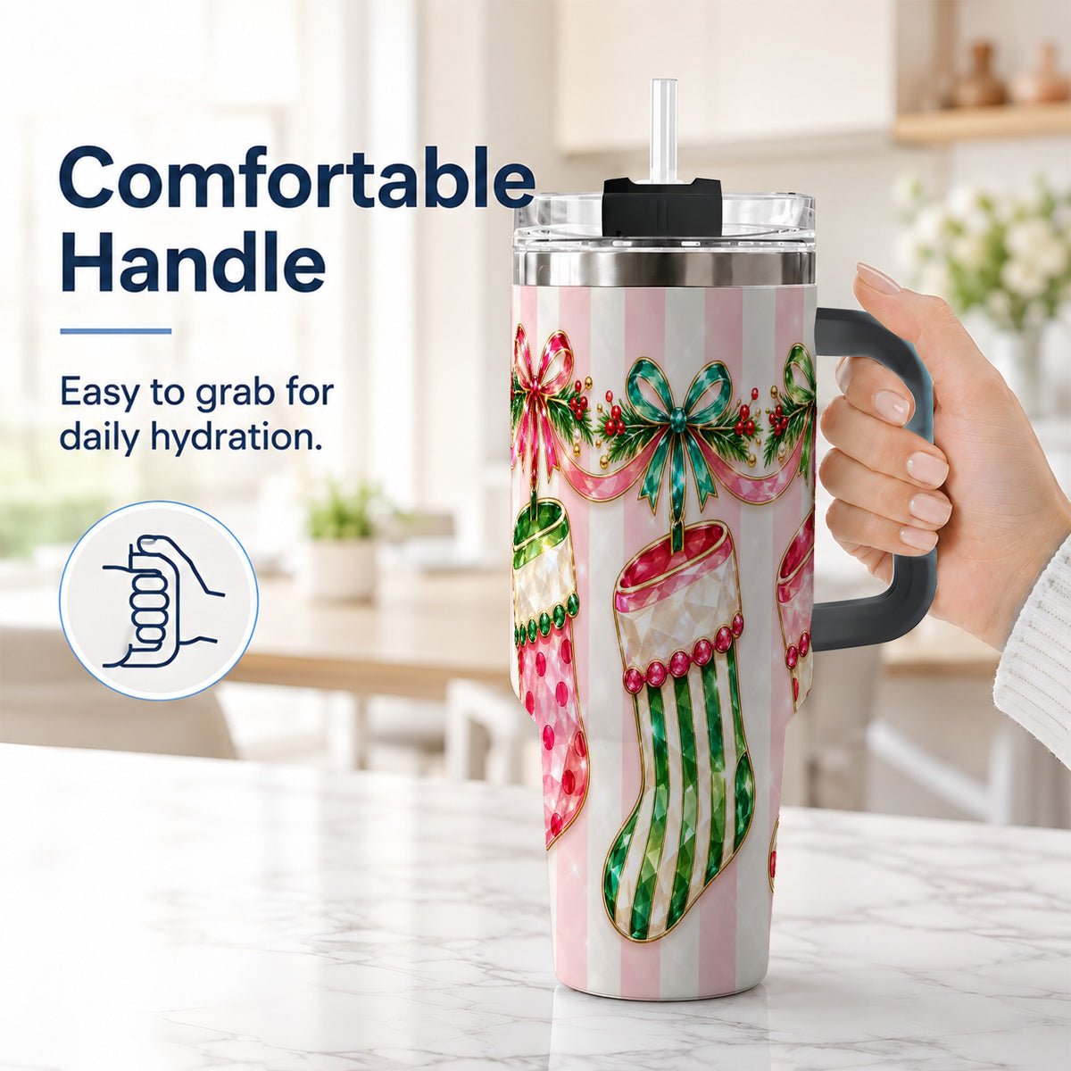 #pl[40oz|Black] Jeweled Stockings 40oz Tumbler with Handle, Christmas Travel Cup