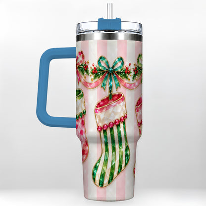 #pl[40oz|Blue] Jeweled Stockings 40oz Tumbler with Handle, Christmas Travel Cup