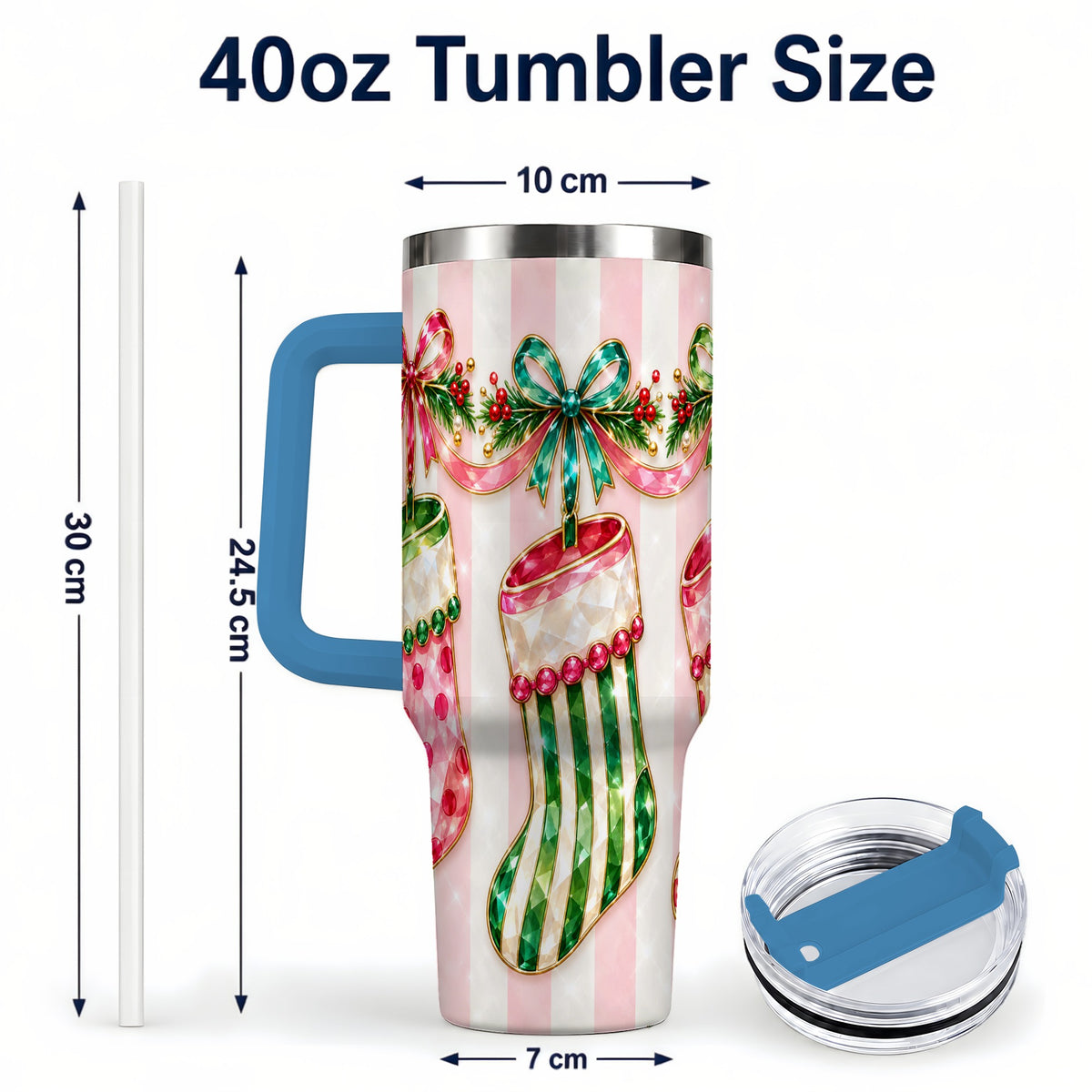 #pl[40oz|Blue] Jeweled Stockings 40oz Tumbler with Handle, Christmas Travel Cup